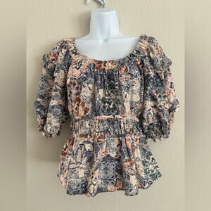 Moon River Floral Abstract Boho Peasant Prairie Puff Sleeve Blouse Small